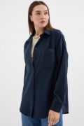 20153 Tek Cepli Oversize Keten Gömlek - Lacivert resmi